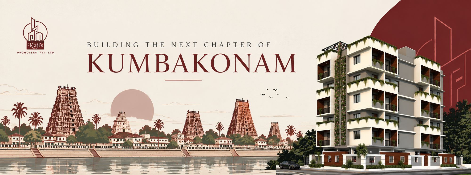 Building the next chapter of Kumbakonam: an illustration of Kumbakonam's temple towers and the Mahamaham tank beside a modern apartment building by Rafi's Promoters